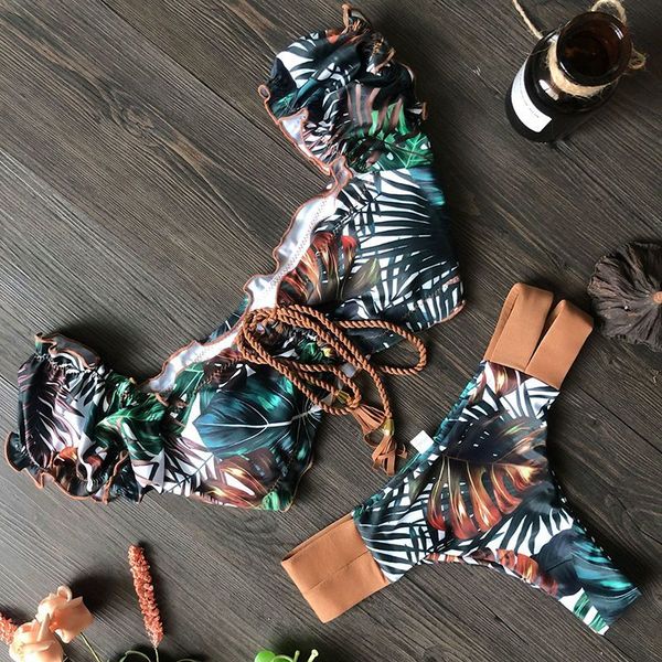 

women's swimwear vintage print bathing suit women ruffles bow tie bikini set bohemian holiday slim summer swimsuits 9ave, White;black