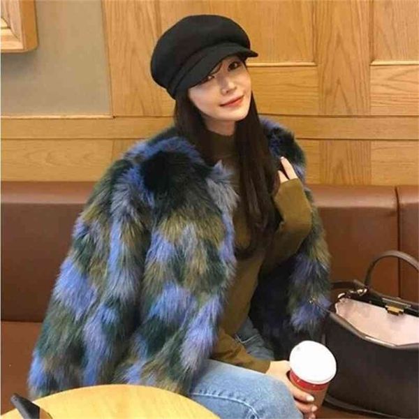 

stylish contrast colored long hairy shaggy faux fur short jacket winter woman sleeve slim fit coat outerwear 210429, Black