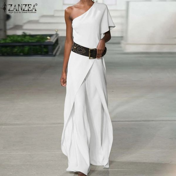 

feminino fashion one shoulder sleeve playsuits asymmetrical ruffles solid women jumpsuits zanzea overalls plus size 5xl, Black;white