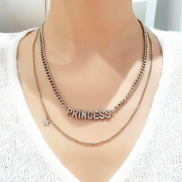 

korean version of rhinestone letters stacked necklace female fashion ins punk clavicle chain two layer pendent necklaces jewelry pendant, Silver