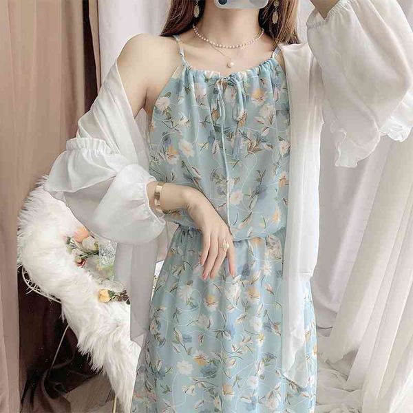 

2021 sweet white chiffon cardigan beach holiday little fresh floral suspender dress, Black;white