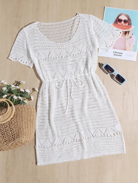 

scoop neck tie waist open knit cover up without bikini 90nc#, White;black