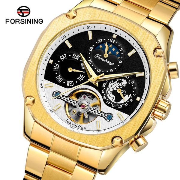 

wristwatches forsining grand golden automatic watch tourbillon moonphase male mechanical calendar self-wind steel belts relogio, Slivery;brown