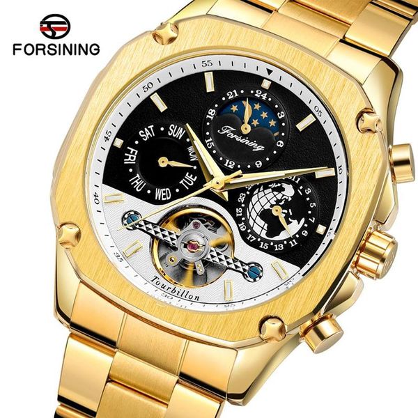 Наручные часы Forsining Grand Golden Automation Watch Watch Tourbillon Moonphase Мужской механический календарь Самозаиковые стальные ремни Relogio