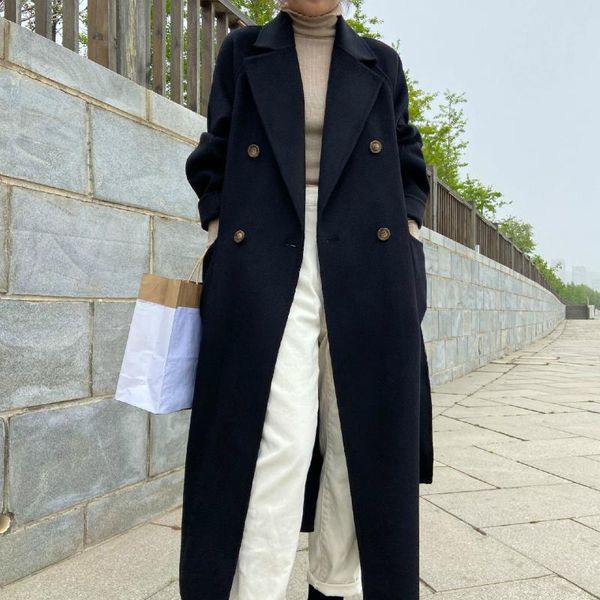 

women's wool & blends 2021 winter korean long lacing belt double breasted black water ripple 100% coat women loose plus size woolen ove