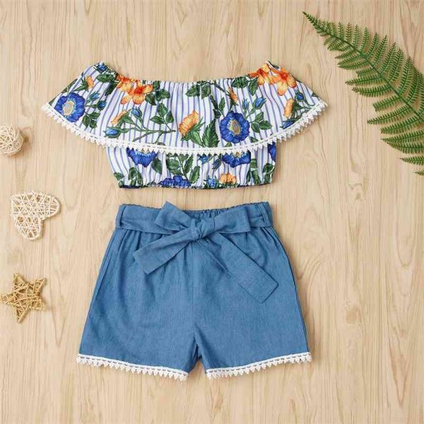 

summer suit flower printed short 2pcs girl clothing children clothes kids costume for s 210528, White