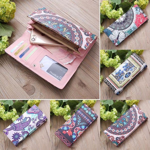 

wallets fashion lady women leather clutch wallet long card holder case purse handbag style folk-custom print hasp multifunction, Red;black