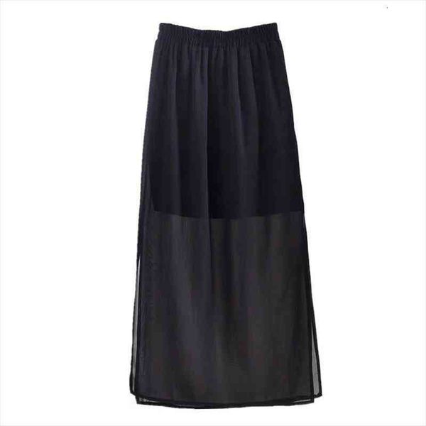 

solid chiffon long ankle-length women skirts beach casual loose straight split plus size buttoms l-7xl 8xl, Black