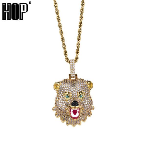 

pendant necklaces hip hop iced out bling cubic zirconia animal bear head & pendants for men women rapper jewelry, Silver