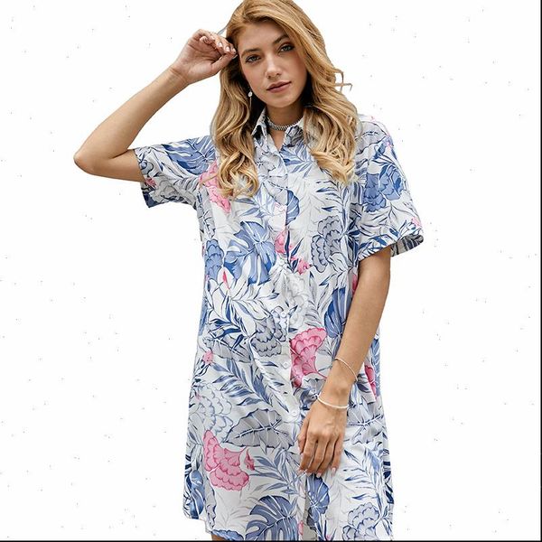 

yoming ym24 fashion casual long women shirts print turn down collar sleeve buttons dress, White