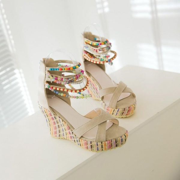 

oversized 12 wedges shoes for women sandals woman ladies summer colorful beaded fish mouth braid belt, Black