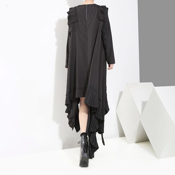 

casual dresses spring summer round neck long sleeve ruffles split joint irregular hem loose women fashion tide, Black;gray