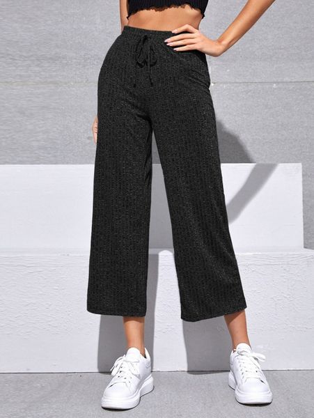 

ribbed drawstring waist wide leg pants y7sf#, Black;white