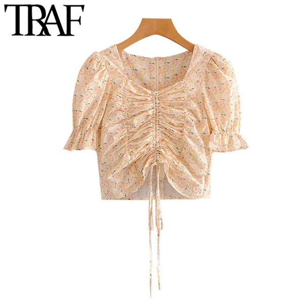 TRAF Kadınlar Moda Çiçek Baskı Dantel-Up Kırpılmış Bluzlar Vintage Kısa Kollu Geri Fermuar Kadın Gömlek Blusa Chic Tops 210415
