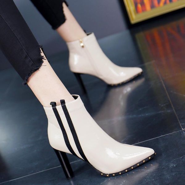 

boots striped patent leather pointed thick with high heels female winter fashion short tube 2021 autumn, Black