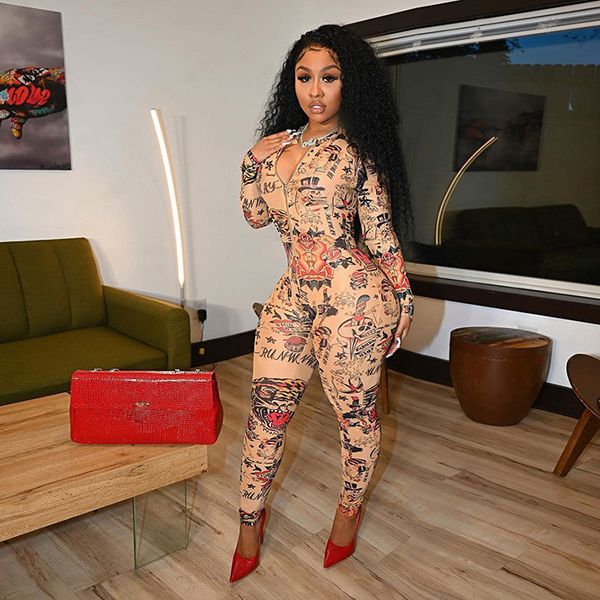 

printed bodycon jumpsuit women winter 2020 long sleeve sportswear casual zipper one piece jumpsuits skinny workout hot, Black;white
