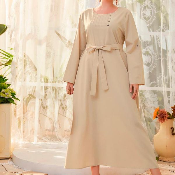 

casual dresses winter plus size pure color long sleeved dress with belt women solid round collar sleeves, Black;gray