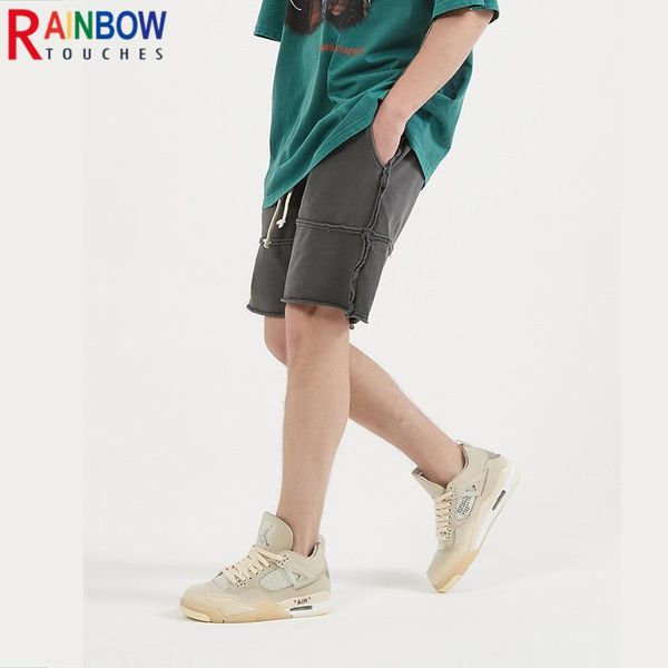 

men's shorts rainbowtouches 2021 summer men high street broken bone fringes splicing solid color straight 100%cotton, White;black