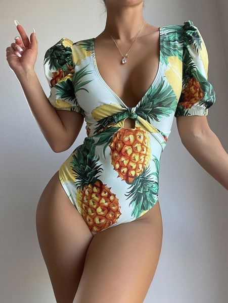 

pineapple print cut-out one piece swimsuit b0wa#, White;black