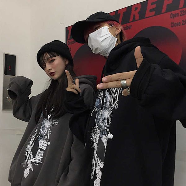 

korea harajuku oversized hoodie ins vintage gothic streetwear cartoon loose dark couple winter warm female sweatshirt 210608, Black