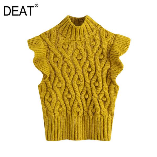 [DEAT] Primavera Autunno Moda Giallo senza maniche Ruffles Girocollo Allentato Maglia Maglione Gilet Donna 13C174 210527