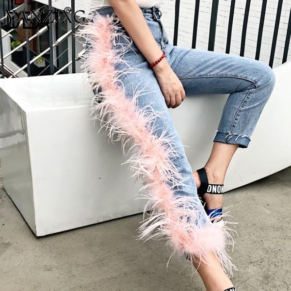 

women's jeans 2021 fashion women high waist broken tassels fur patchwork washted female pants street s405, Blue