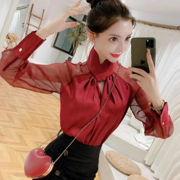 

elegant lady blusas mujer de moda 2021 red shirts autumn transparent sleeve women long blouses women's &, White