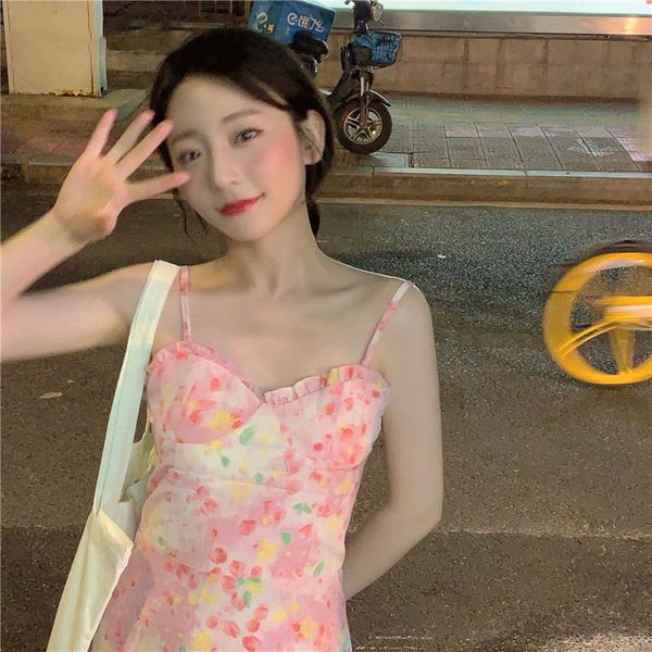 

summer kawaii floral print dress women elegant sweet style party strap high street korean beach 210510, Black;gray