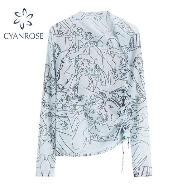 

streetwear transparent mesh tees women summer long sleeve asymmetric collar ruched art print egirl grunge tide clothes 210417, White