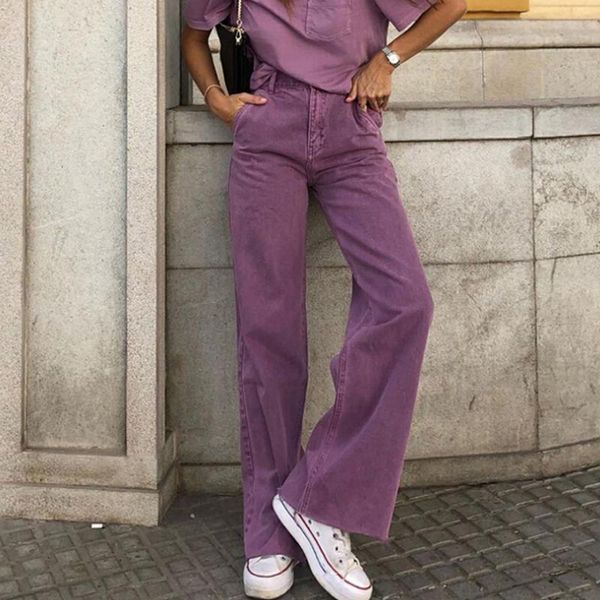 

women's jeans pants straight leg high waist loose summer casual deep washed mom fashion trousers purple denim, Blue