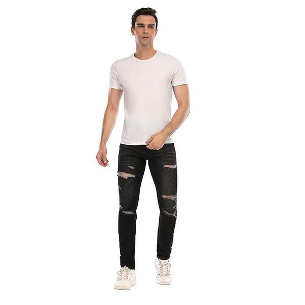 

men's jeans 2021 fashoin black blue holed casual slim stretch pants denim