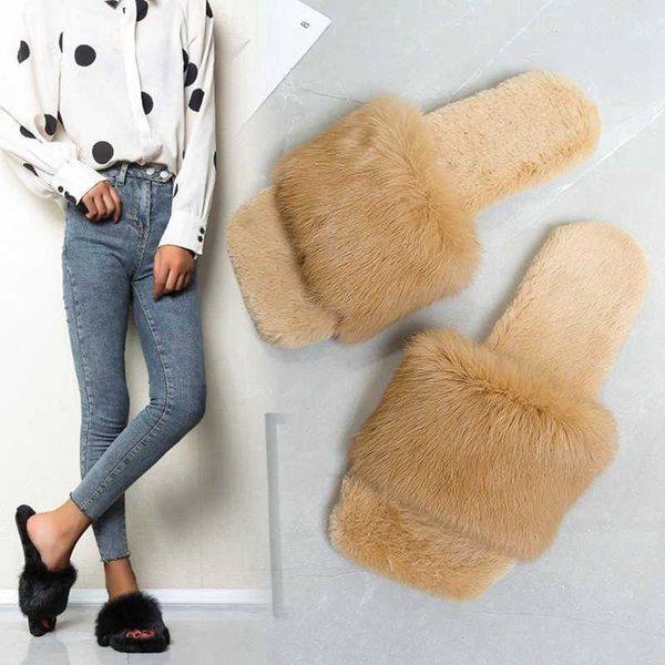 

autumn and winter new korean version of the flat bottom set feet a word drag warm fur slippers female anti-slip plush shoes y0902, Black