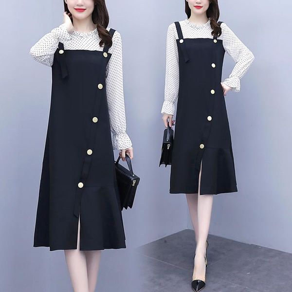 

casual dresses womens chiffon patchwork strap dress long sleeve 2021 autumn slim loose blouses blusas fashion clothes for woman, Black;gray