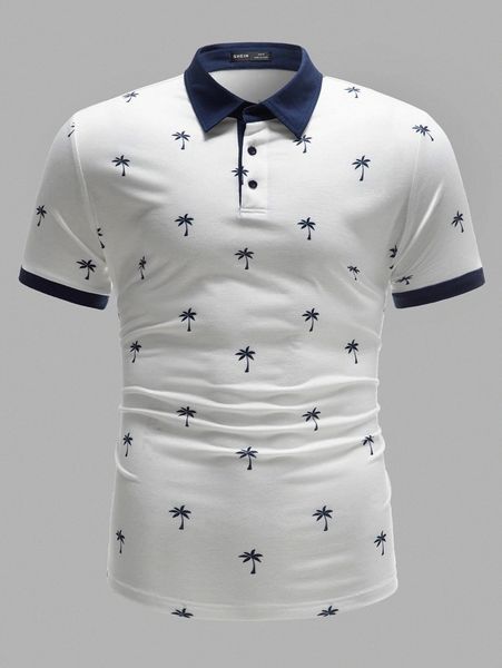 

men coconut tree print contrast trim polo shirt s5ra#, White;black