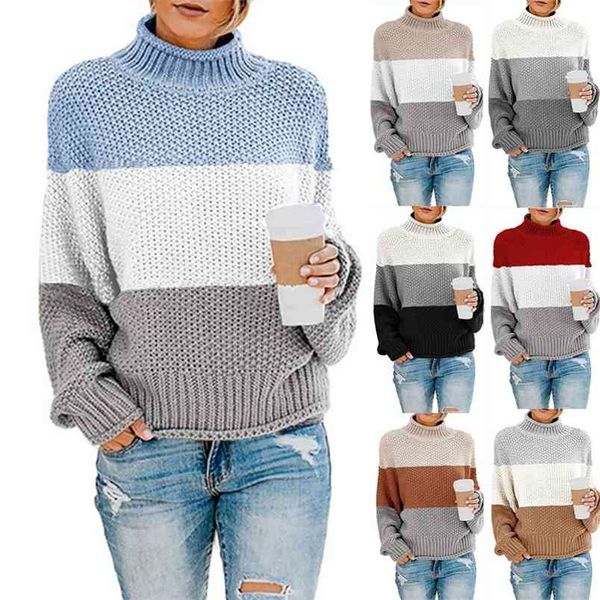 

autumn and winter sweater knit sweaters women's thick thread color matching high neck knitted pullover pulls femme 210517, White;black