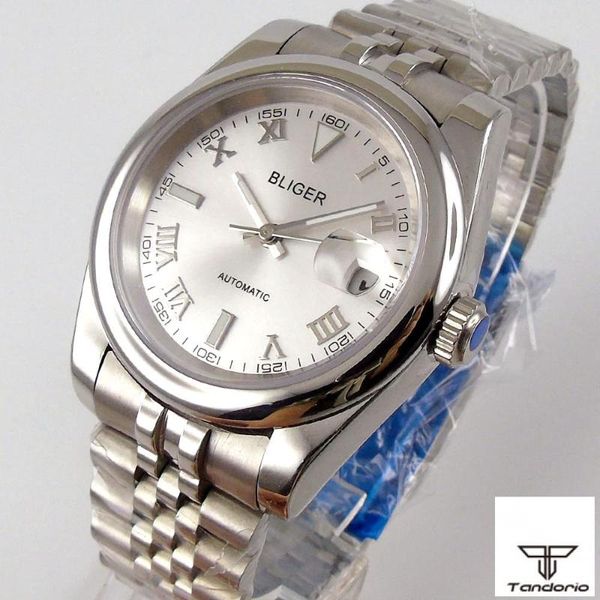 

wristwatches 36mm brand white dial sapphire glass polished case automatic movement men's watch bracelet luminous hands, Slivery;brown