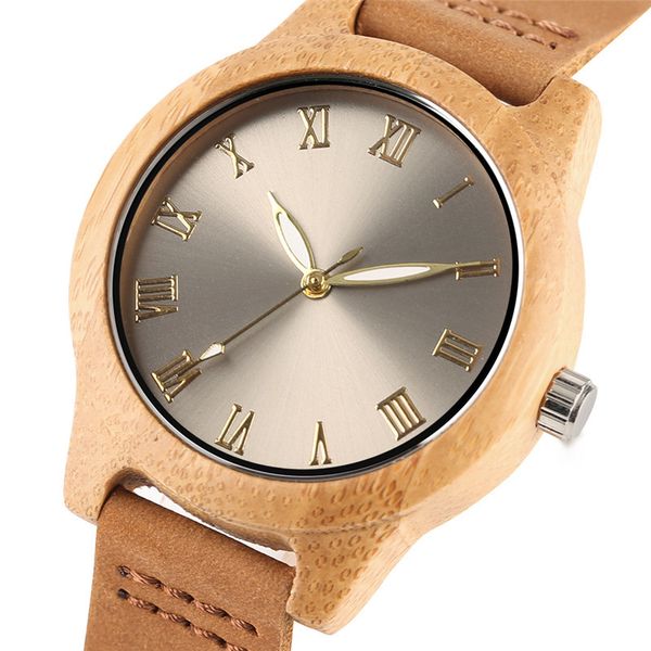 Gift Quartz Natureza Wood Watch para Mulheres Meninas Moda Creative Woman Bamboo Watches Genuíno Cinta de Couro Relógios