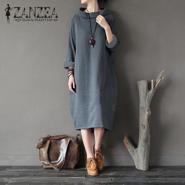 

autumn turtleneck long sleeve vestido winter fleece basic pullover sweatshirt dress 2021 women casual solid loose kaftan dresses, Black;gray