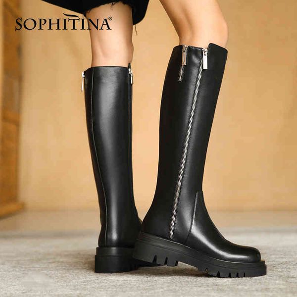 

sophitina women boots fashion genuine leather handmade ladies knee high boots zipper black leisure shoes so724 210513