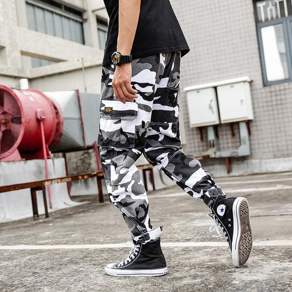 

men's pants ly designer fashion casual joggers men loose fit big pockets cargo homme street hip hop camouflage harem trousers, Black