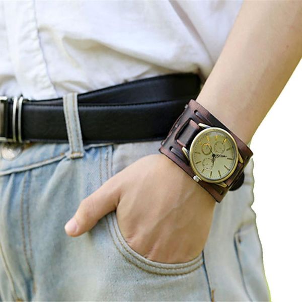 

wristwatches fashion men's watch style retro punk rock brown big wide leather bracelet cuff men cool drop b30, Slivery;brown