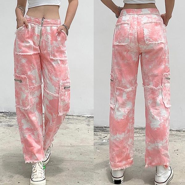 

women high waist zipper wide leg jeans gradient tie-dye distressed tassel cargo pants hip hop multi pockets trousers women's & capris, Black;white