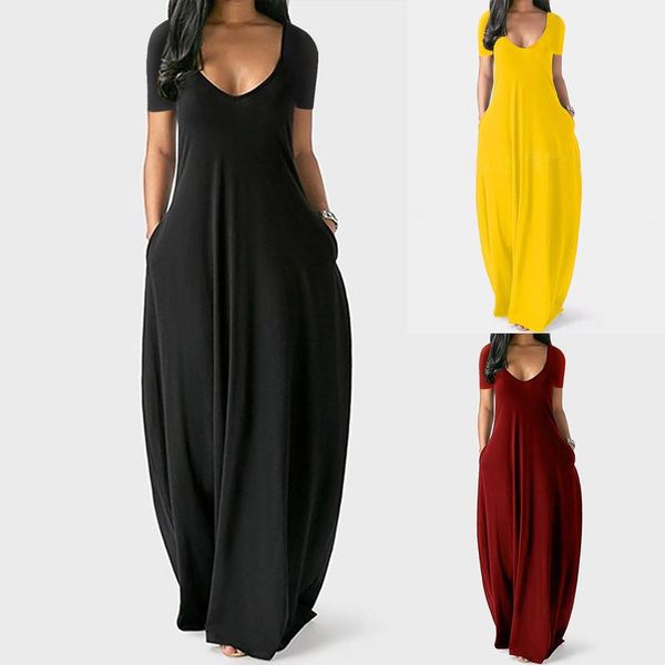 

maxi dress 2021 elegant fashion women casual plus size solid v-neck pockets short sleeve long evening party femme robe dresses, Black;gray