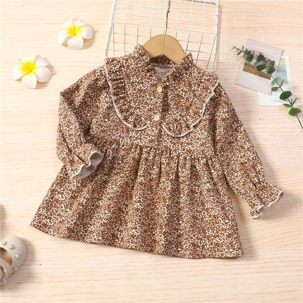

girl's dresses girls casual big hem short dress brown floral printed pattern long sleeve v-neck vestidos for 1-5y clothes, Red;yellow