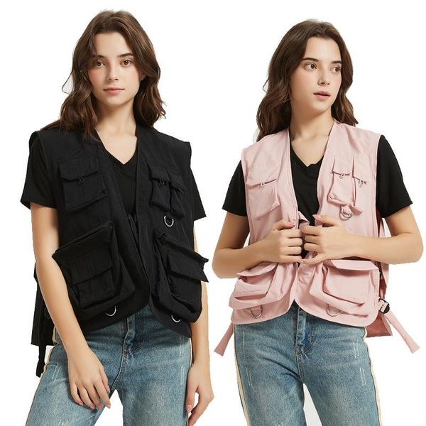 

women's vests japanese sleeveless jacket black military armor tactical vest girls multi bag couple fishing tool work oversize xxl femal, Black;white