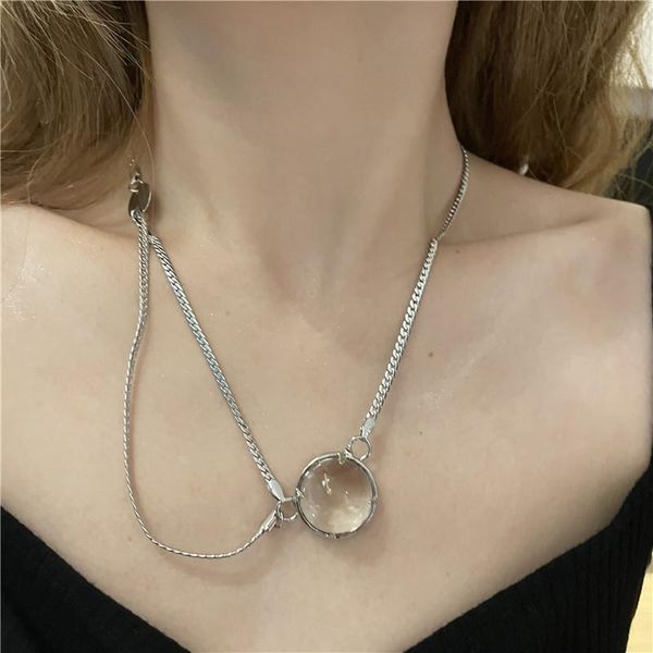 

pendant necklaces origin summer trendy transparent beads necklace for women chunky cuban chain asymmetric tassel chokers gift, Silver