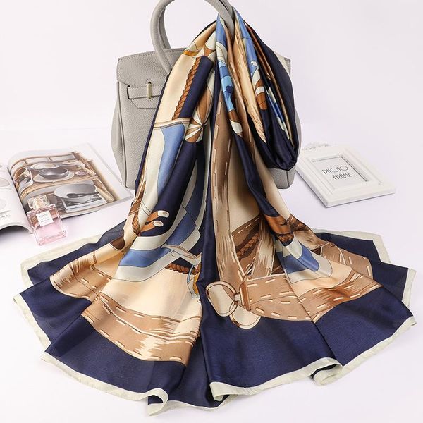 

scarves 2021 summer chain silk sunscreen dustproof handkerchief lady luxury 180x90cm travel shawls fashion print beach towel, Blue;gray