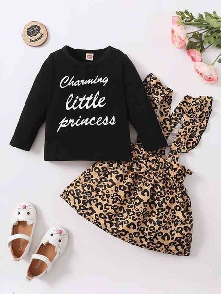 

baby letter graphic tee & leopard ruffle trim pinafore skirt she, White