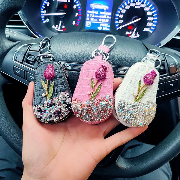

1 pcs flower car holder storage case crystal diamond keychains cover remote key bag for bmw lada interior accessories, Silver
