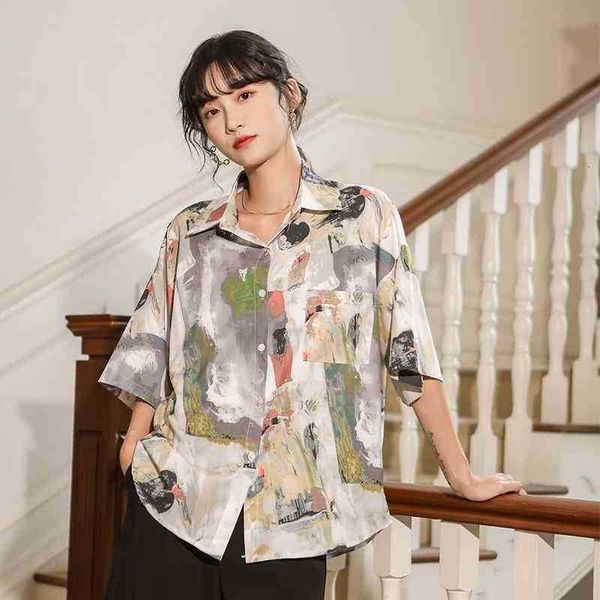 

women's two piece pants colored drawing short sleeve blouse women summer button up loose collared shirt casual fashion mp8u, White